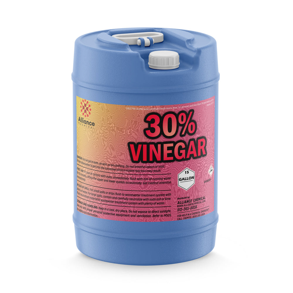 15-gallon blue HDPE carboy of 30% industrial vinegar solution with safety warnings, white cap closure, and Alliance Chemical branding.